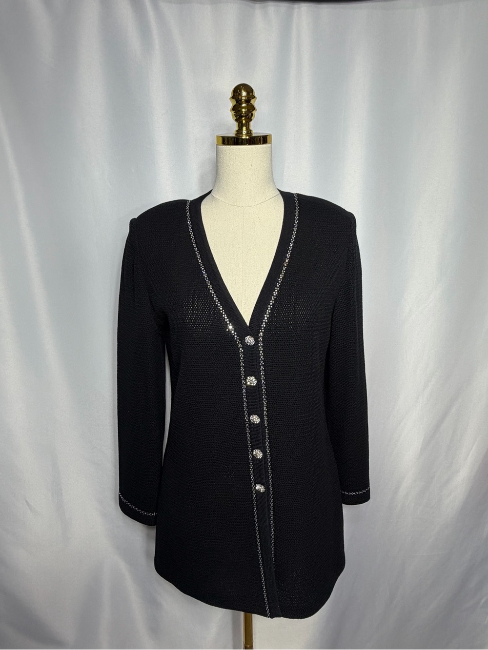 St. John Collection Black Longline V-Neck Cardigan Blazer with Rhinestone Trim